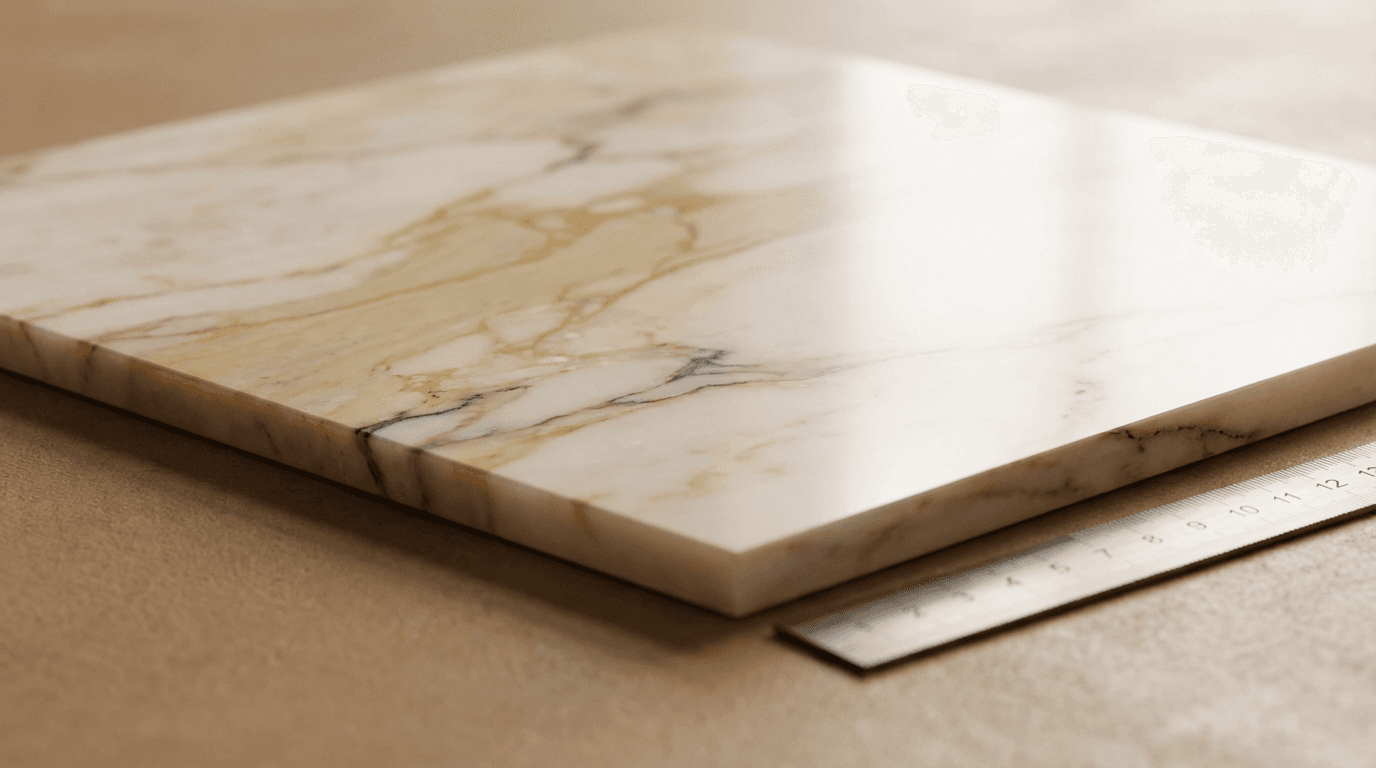 Polished marble sample with warm honey and cream veining, displayed with soft window lighting and measurement reference.