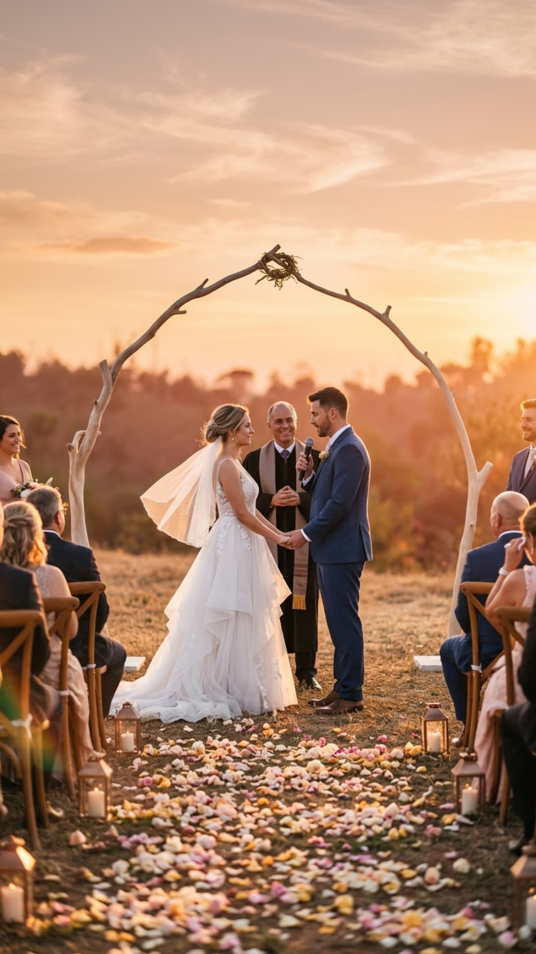 Bride and groom exchange vows under a wooden arch at a sunset outdoor wedding ceremony.