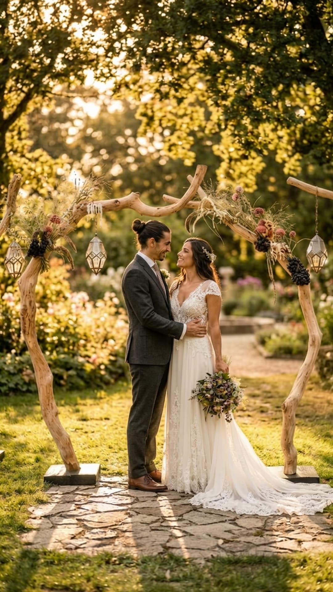 A bride and groom smile beneath a rustic wooden arch in a sun-drenched garden.