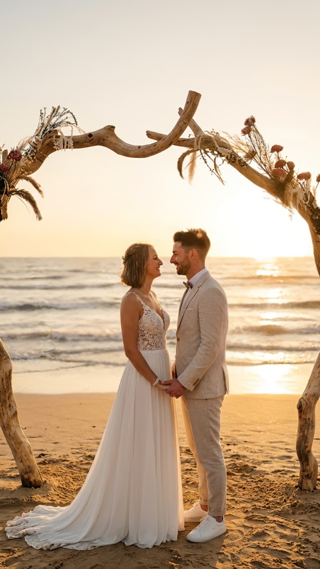 Bride and groom holding hands under a driftwood arch on a beach at sunset.