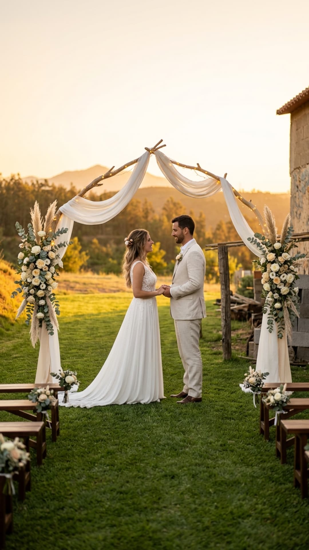 Bride and groom holding hands under a floral wooden arch during an outdoor sunset wedding.