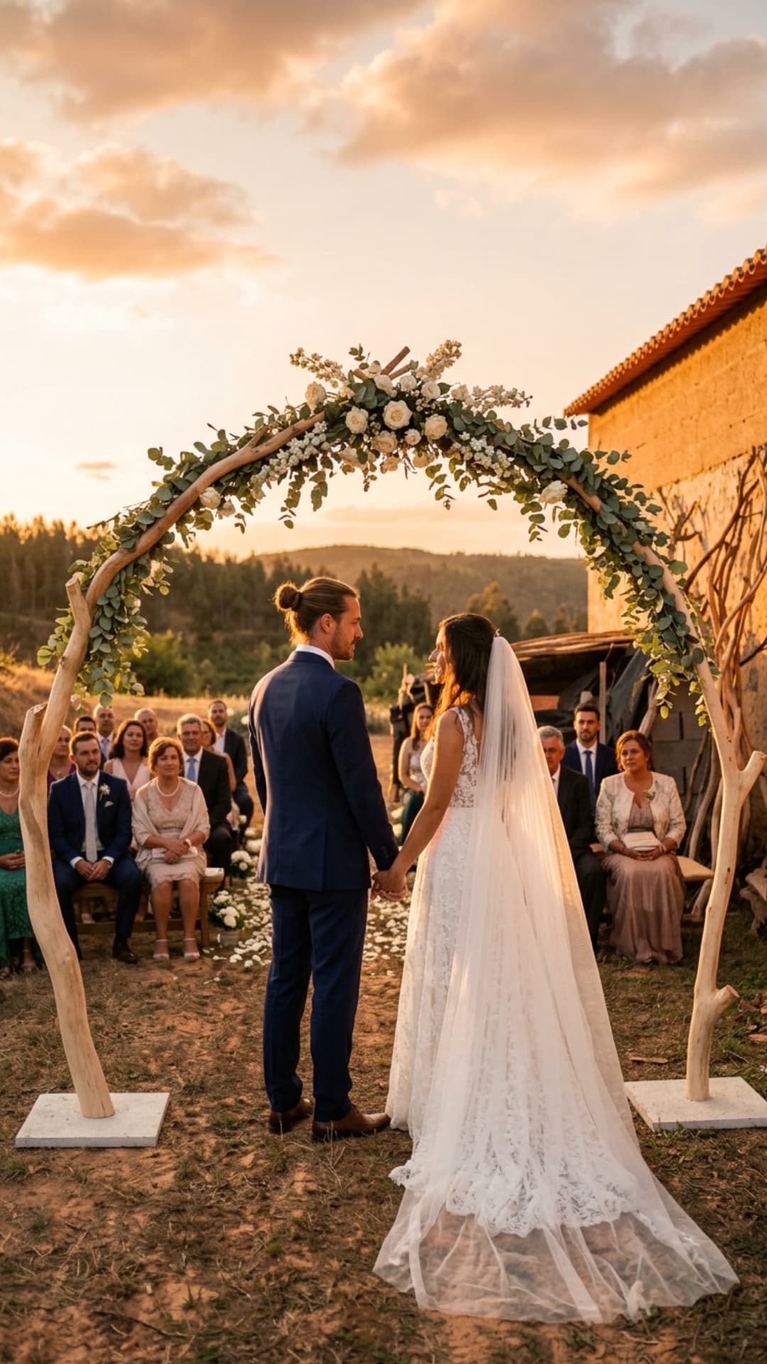 Bride and groom hold hands under a wooden floral arch during an outdoor sunset ceremony.